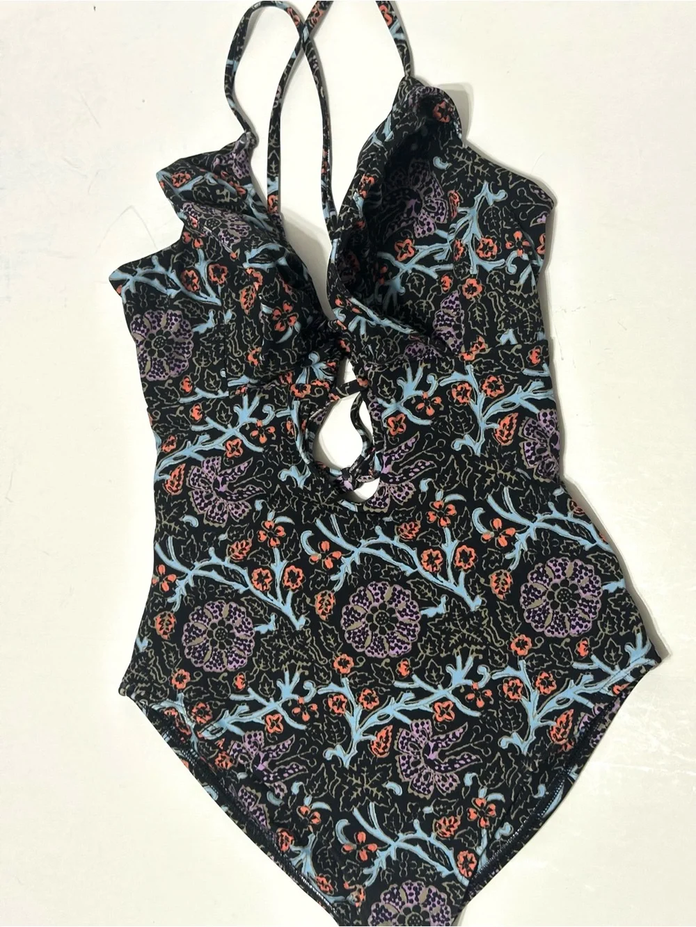 SEA NEW YORK MARLEE ONE PIECE Floral Ruffle Swimsuit Black w/ Pastel Prints XXS